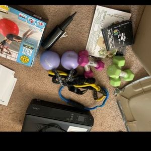 P90x and workout equipment.